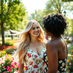 A striking portrait of a beautiful blonde woman in an interracial setting, showcasing diversity and harmony