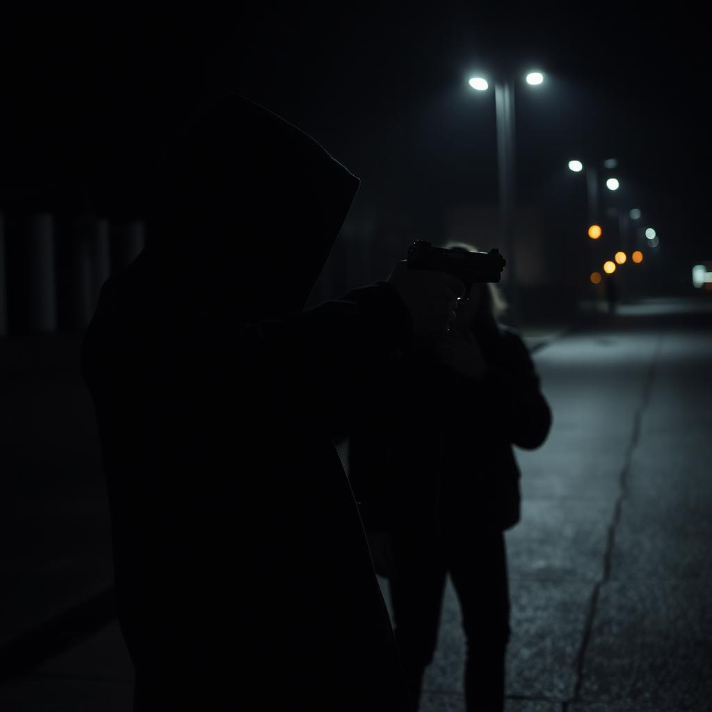 A dark and dramatic scene set at night featuring a cloaked figure in a hooded garment, holding a firearm and aiming it towards a person in a tense, cinematic moment