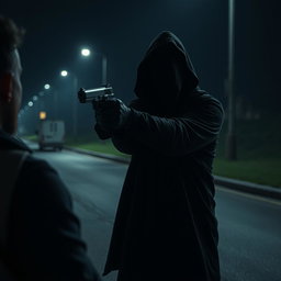 A dark and dramatic scene set at night featuring a cloaked figure in a hooded garment, holding a firearm and aiming it towards a person in a tense, cinematic moment
