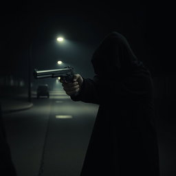 A dark and dramatic scene set at night featuring a cloaked figure in a hooded garment, holding a firearm and aiming it towards a person in a tense, cinematic moment