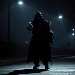 A dark and dramatic scene set at night featuring a cloaked figure in a hooded garment, holding a firearm and aiming it towards a person in a tense, cinematic moment