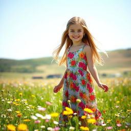 A beautiful girl with long flowing hair, wearing a vibrant floral dress, standing in a sunlit meadow filled with wildflowers
