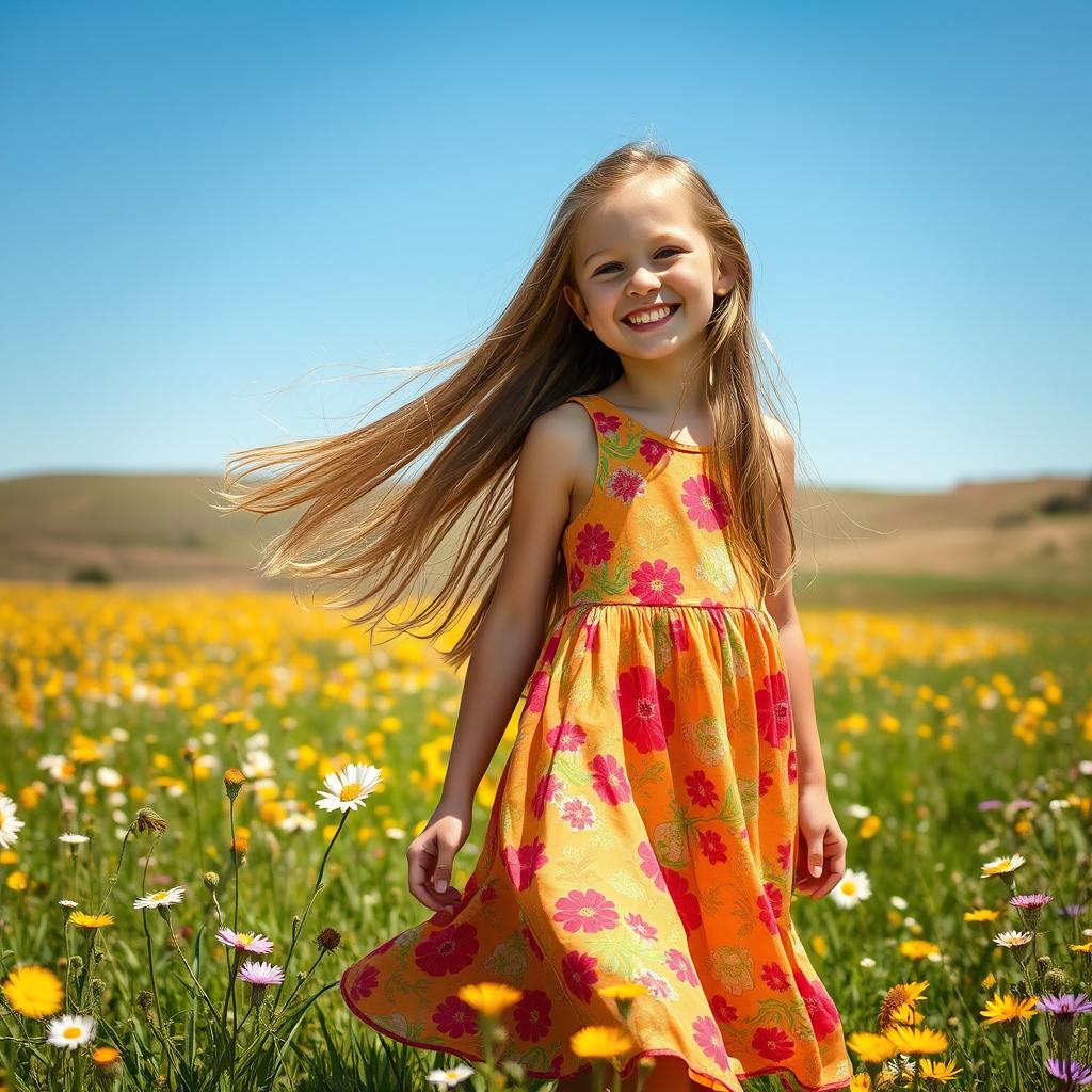 A beautiful girl with long flowing hair, wearing a vibrant floral dress, standing in a sunlit meadow filled with wildflowers