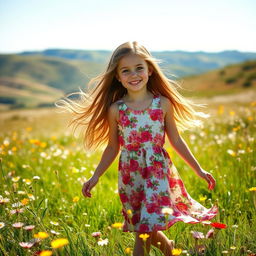 A beautiful girl with long flowing hair, wearing a vibrant floral dress, standing in a sunlit meadow filled with wildflowers