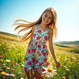 A beautiful girl with long flowing hair, wearing a vibrant floral dress, standing in a sunlit meadow filled with wildflowers