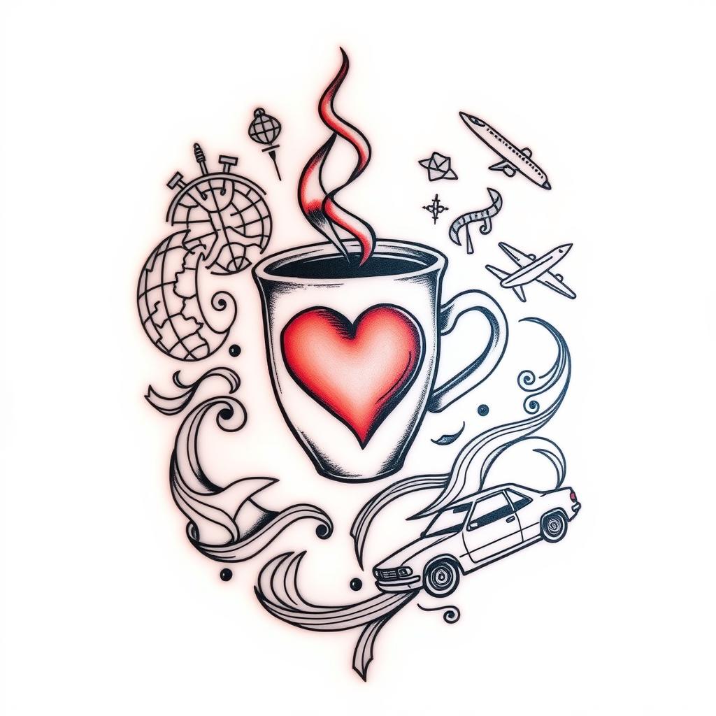A beautifully designed tattoo featuring elements symbolizing caffeine, love, travel, and driving