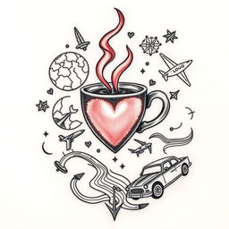 A beautifully designed tattoo featuring elements symbolizing caffeine, love, travel, and driving