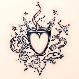A beautifully designed tattoo featuring elements symbolizing caffeine, love, travel, and driving