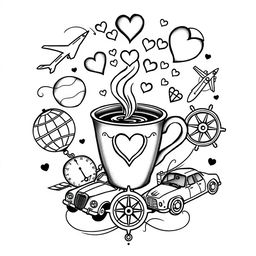 A meaningful tattoo design incorporating elements representing caffeine, love, travel, and driving