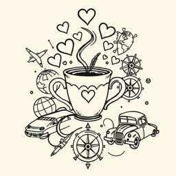 A meaningful tattoo design incorporating elements representing caffeine, love, travel, and driving