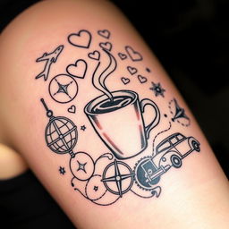 A meaningful tattoo design incorporating elements representing caffeine, love, travel, and driving