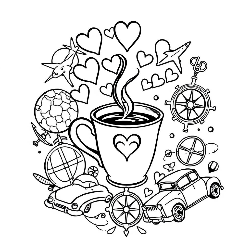 A meaningful tattoo design incorporating elements representing caffeine, love, travel, and driving
