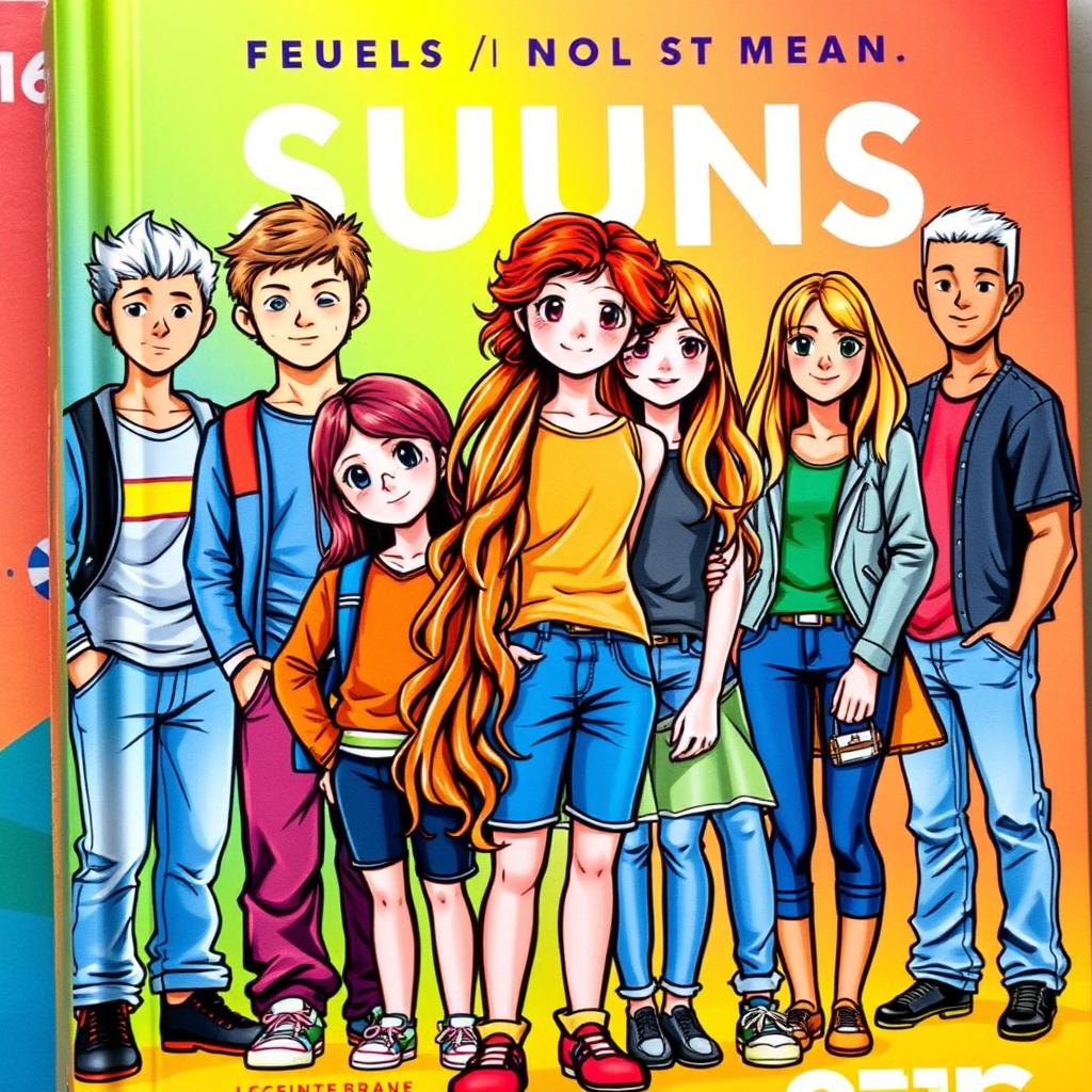 A vibrant book cover featuring seven youths