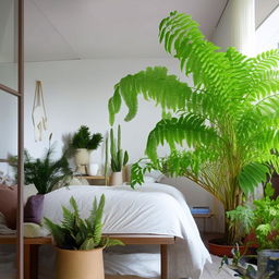 A collection of luscious and vibrant houseplants placed harmoniously around a comfortable and design-oriented bedroom.