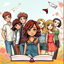 A captivating book cover featuring seven dynamic youths