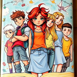 A captivating book cover featuring seven dynamic youths