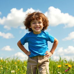 A solo portrait of a happy young boy standing confidently in the middle of a lush green meadow
