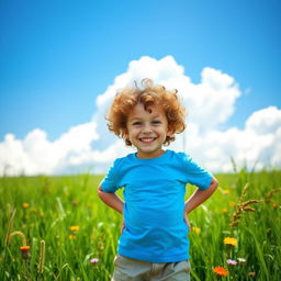 A solo portrait of a happy young boy standing confidently in the middle of a lush green meadow