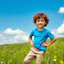 A solo portrait of a happy young boy standing confidently in the middle of a lush green meadow