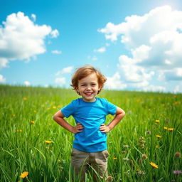 A solo portrait of a happy young boy standing confidently in the middle of a lush green meadow