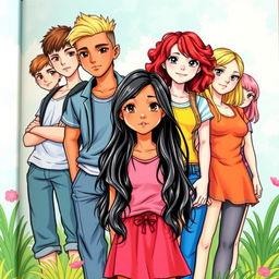 A captivating book cover featuring seven vibrant young characters
