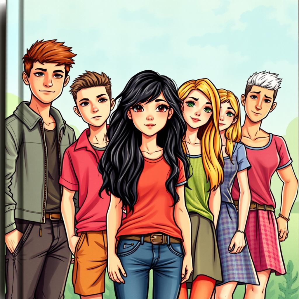 A captivating book cover featuring seven vibrant young characters