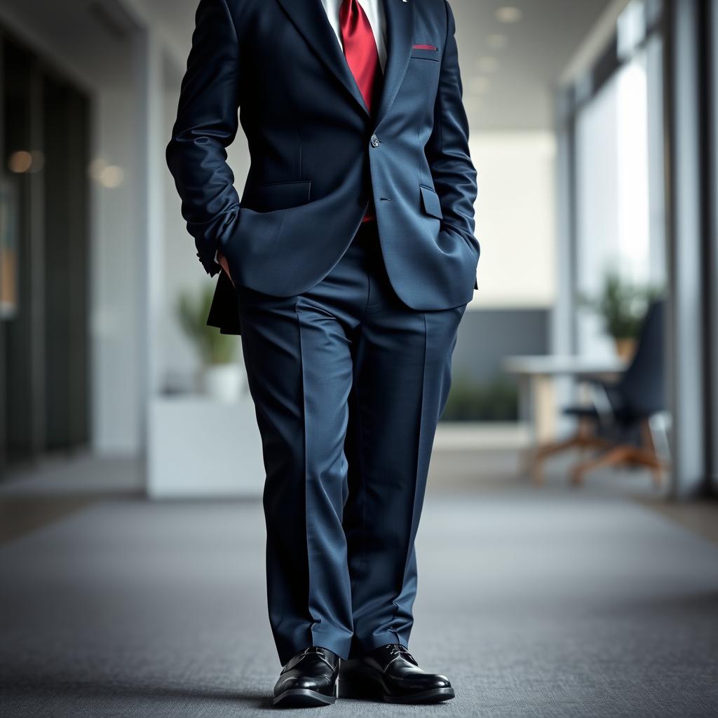 A full lower body portrait of a person wearing formal attire, featuring an elegant tailored suit in dark navy blue