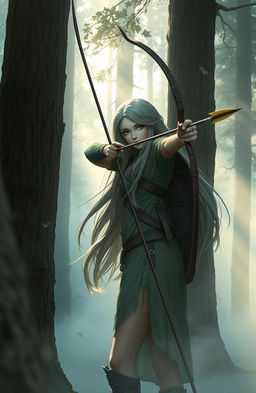 A tall female archer, 165cm in height, skillfully holding an arrow, surrounded by a mystical foggy forest
