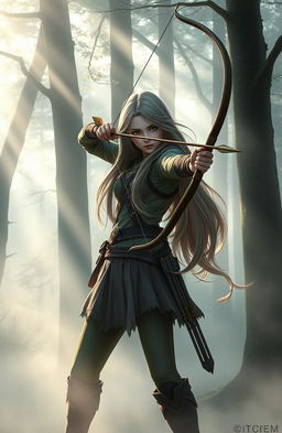 A tall female archer, 165cm in height, skillfully holding an arrow, surrounded by a mystical foggy forest