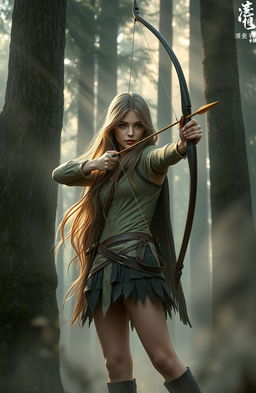 A tall female archer, 165cm in height, skillfully holding an arrow, surrounded by a mystical foggy forest