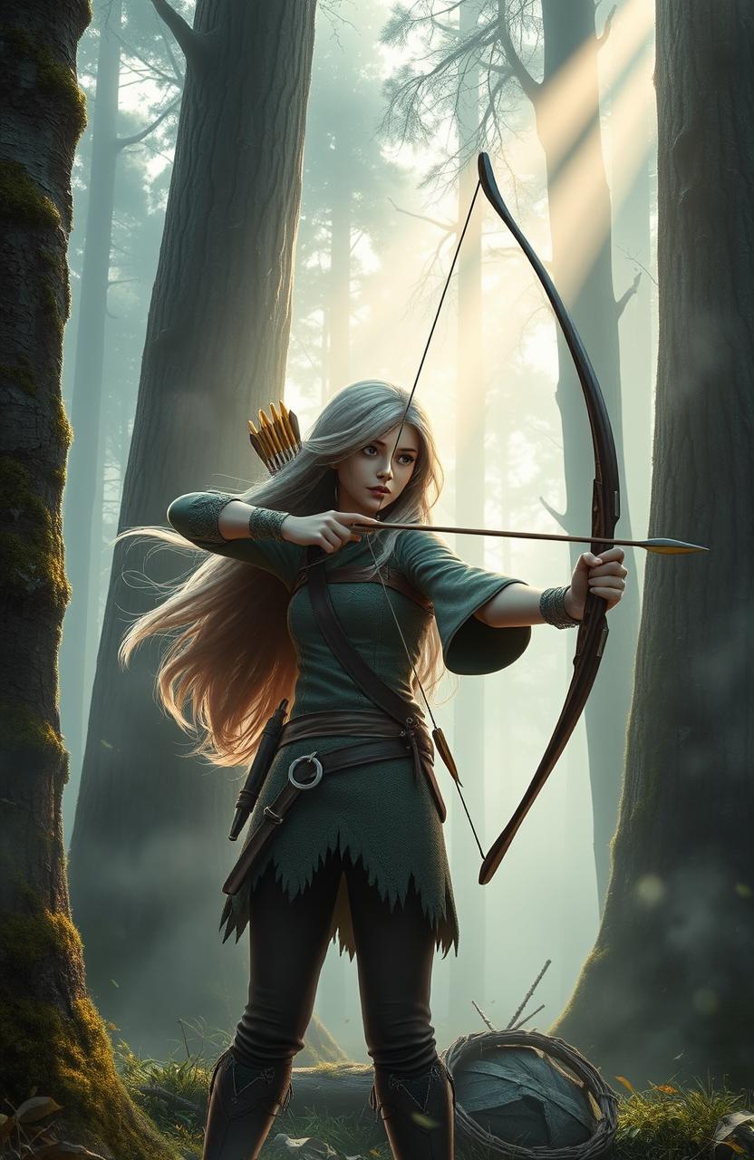 A tall female archer, 165cm in height, skillfully holding an arrow, surrounded by a mystical foggy forest