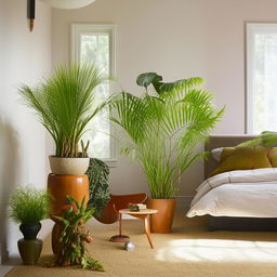 A collection of luscious and vibrant houseplants placed harmoniously around a comfortable and design-oriented bedroom.