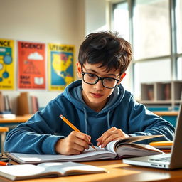 A young student sitting at a desk in a bright, modern classroom, studying diligently