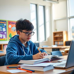 A young student sitting at a desk in a bright, modern classroom, studying diligently