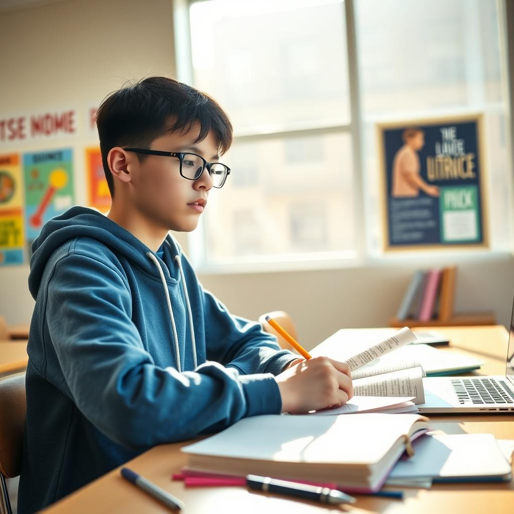 A young student sitting at a desk in a bright, modern classroom, studying diligently