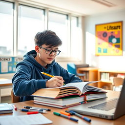 A young student sitting at a desk in a bright, modern classroom, studying diligently