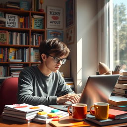 A vibrant scene of a university student studying in a cozy room filled with books and notebooks