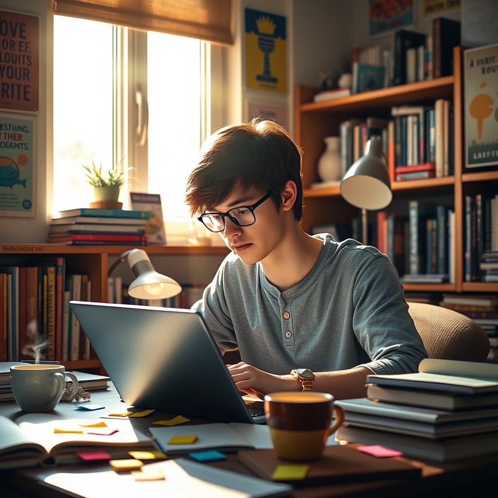 A vibrant scene of a university student studying in a cozy room filled with books and notebooks