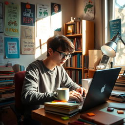 A vibrant scene of a university student studying in a cozy room filled with books and notebooks