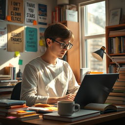 A vibrant scene of a university student studying in a cozy room filled with books and notebooks