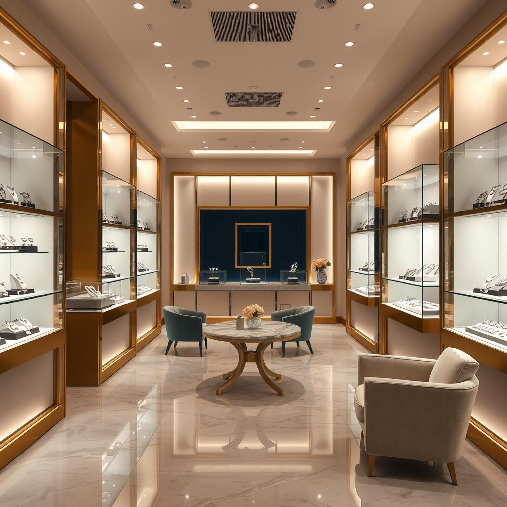 A beautifully designed, modern jewellery store space of 24 square meters, showcasing an elegant interior with glass display cases filled with sparkling rings, necklaces, and bracelets
