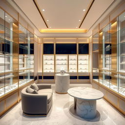 A beautifully designed, modern jewellery store space of 24 square meters, showcasing an elegant interior with glass display cases filled with sparkling rings, necklaces, and bracelets