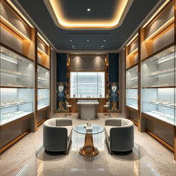 A beautifully designed, modern jewellery store space of 24 square meters, showcasing an elegant interior with glass display cases filled with sparkling rings, necklaces, and bracelets