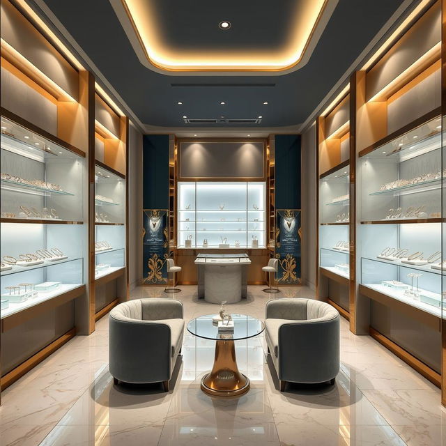 A beautifully designed, modern jewellery store space of 24 square meters, showcasing an elegant interior with glass display cases filled with sparkling rings, necklaces, and bracelets