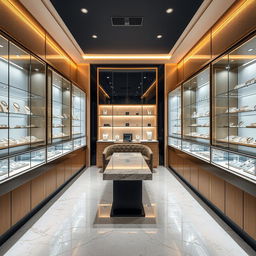 A beautifully designed, modern jewellery store space of 24 square meters, showcasing an elegant interior with glass display cases filled with sparkling rings, necklaces, and bracelets