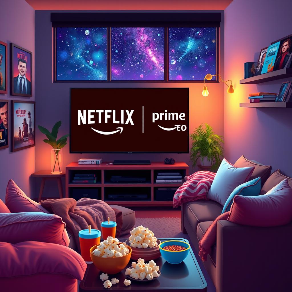 A vibrant and colorful digital artwork depicting a cozy home entertainment setup featuring a large flat-screen TV displaying both the Netflix and Prime Video logos prominently