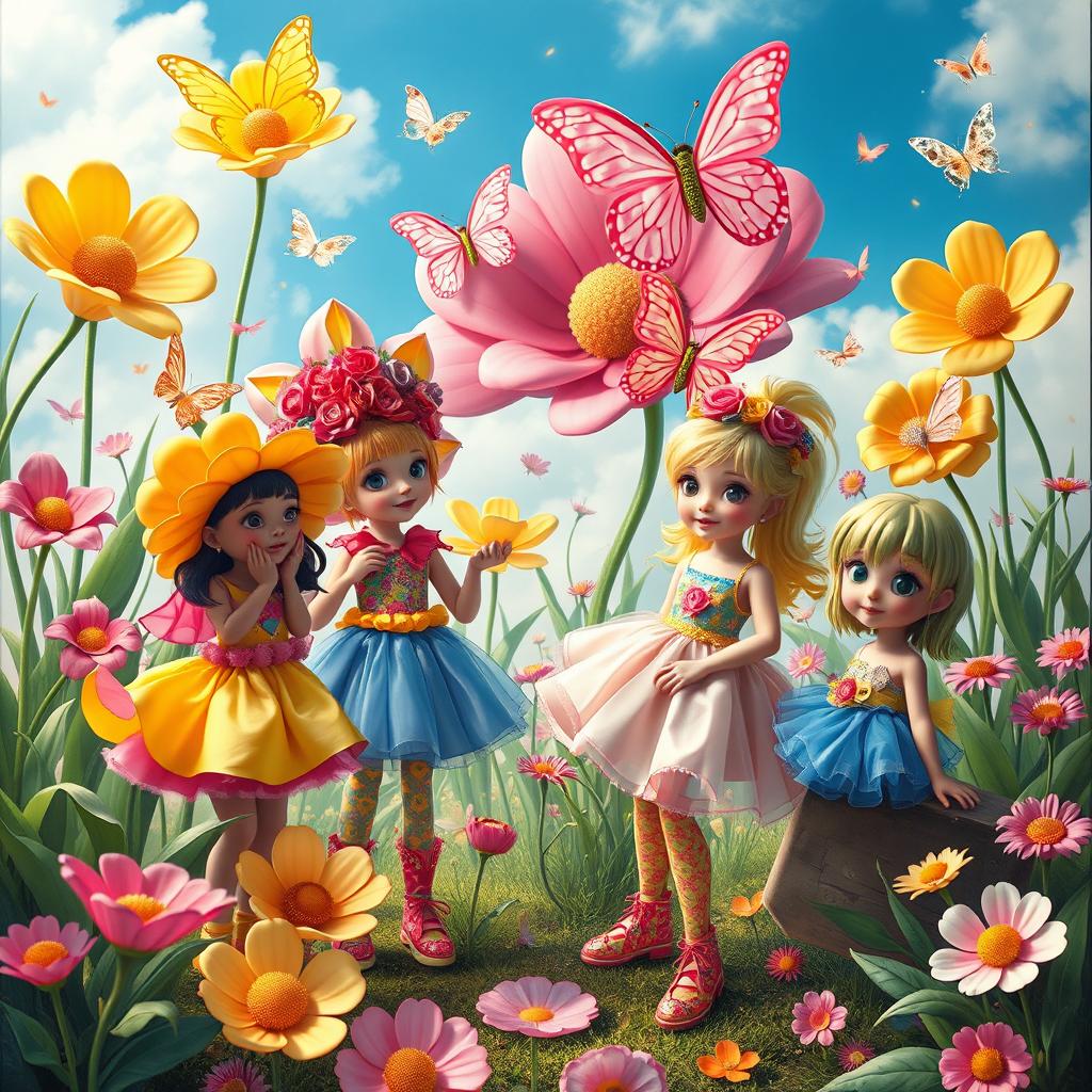 A vibrant art piece showcasing a whimsical world where fantasy meets fashion, depicting imaginative characters wearing colorful and playful outfits made of latex