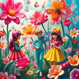 A vibrant art piece showcasing a whimsical world where fantasy meets fashion, depicting imaginative characters wearing colorful and playful outfits made of latex