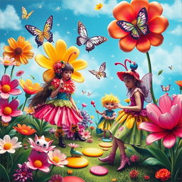 A vibrant art piece showcasing a whimsical world where fantasy meets fashion, depicting imaginative characters wearing colorful and playful outfits made of latex