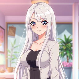 A very attractive anime mom with long, flowing white hair